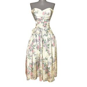Vtg 80s Gunne Sax Jessica McClintock Strapless Floral Prom Dress Cottagecore XS